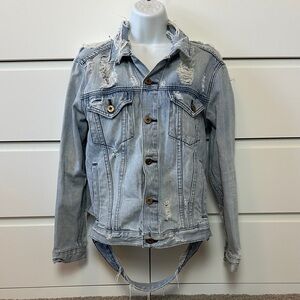 NSF Women’s Adams Jacket Blue Light Wash Denim Distressed Ripped Size M